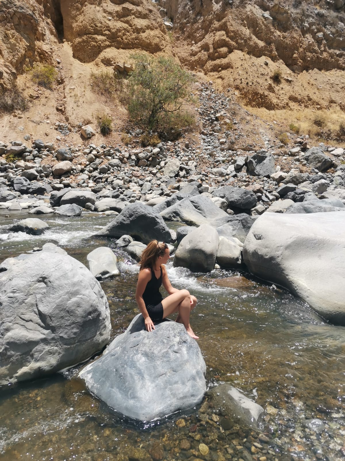 Sitting on the rocks in the Colca river