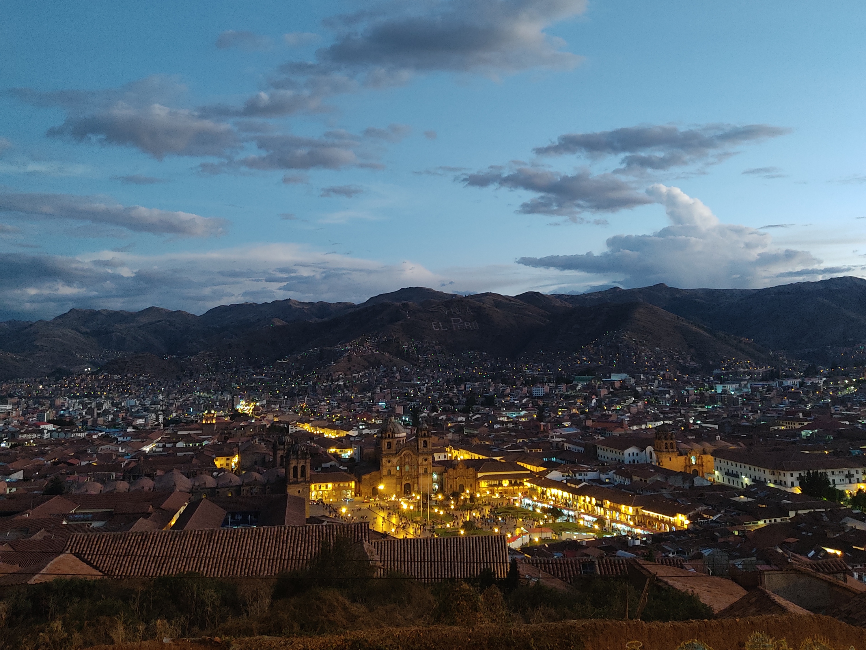 The main square of Cusco, illuminated by streetlights